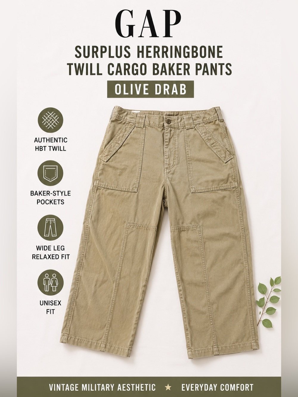 GAP Surplus Herringbone Twill Cargo Baker Pants - Olive Drab